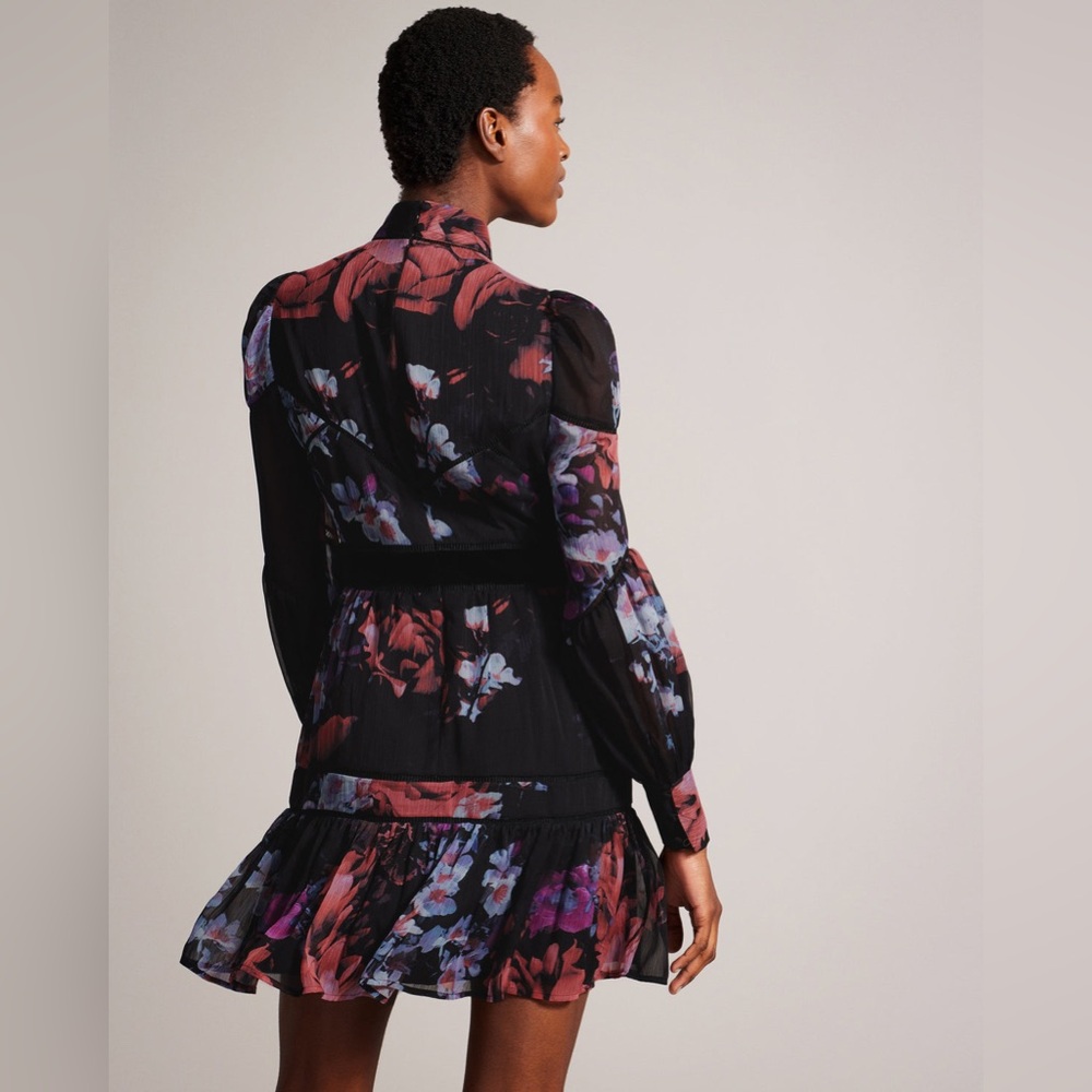 Ted Baker Dress $325 NWT Gretaah ladder trim mini dress black pink purple XS/1 - Picture 2 of 11